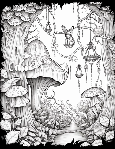 coloring book style, illustration clipart. Enchanted Forest: A lush forest filled with towering trees, magical creatures, and sparkling fireflies. for coloring book with crispy lines and white background
