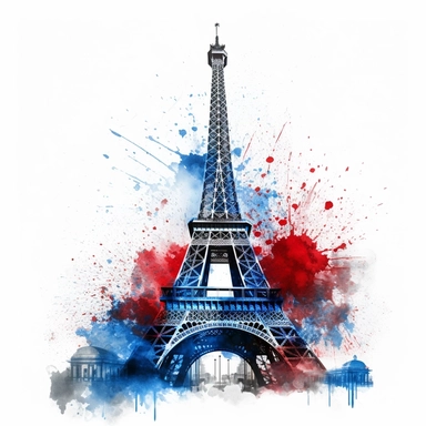 realistic and detailed eiffel tower with blue, white and red splash of watercolour in the background clipart on a white background
