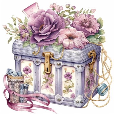 the victorian sewing box clipart, in the style of victorian-inspired hyperrealistic illustrations, historical illustration, childlike illustration, stylish costume design, romantic illustrations, emotive colors, pastel flowers, victorian vintage color palette, cute and dreamy, realistic watercolors, realistic depictions of human form, white background