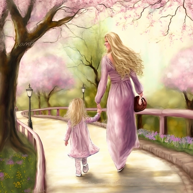 beautiful young pregnant mother with long beautiful blonde hair and toddler daughter with beautiful long auburn hair holding hands walking in park, flowering trees, path lined with benches, highly detailed, realistic, fantasy, ethereal, pink, purple and lilac soft colors, sharp focus, clipart style
