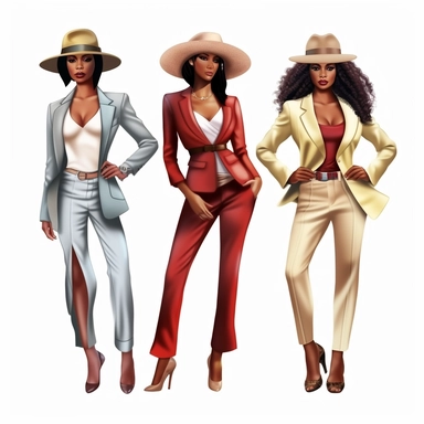 African american women wearing different color suits and fedora hat Boss lady clipart modern fashion style anatomically correct realistic isolated white background