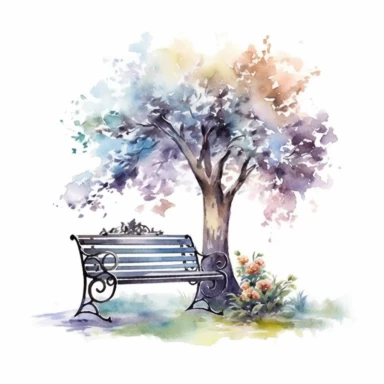 clipart, isolated on white background, Watercolor Spring beautiful ornated metal bench under the tree, flowers and grass and plants, ornated, pastel colors