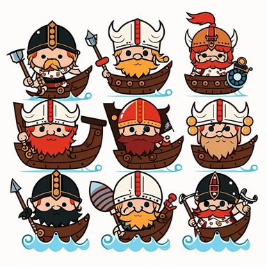 10 cute barbarian soldier army on viking ship stickers collection, clipart design, cartoon, 4k, white background