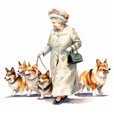 A heartwarming portrait of the Queen walking her beloved Corgis, showcasing their special bond, Clipart, watercolor, white background, intricate detail