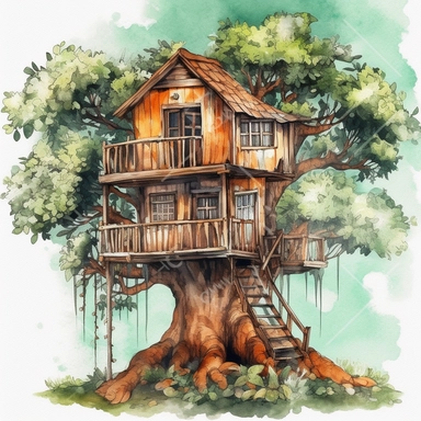 a Tree House watercolor Clipart sublimation clipart graphic, full body, clipart, sticker, a single picture, cartoon style, highly detailed, 8k, one image in the frame--no text in the picture--