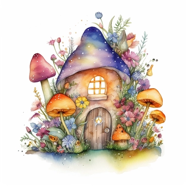 Watercolour illustration, A whimsical clipart image of a fairy house nestled among flowers, mushrooms, and twinkling lights, on white background