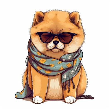 cute funny kawaii Chow Chow Puppy with Balenciaga sunglasses and cool necklaces or scarf, cute illustration, clipart, white backgound, Cuttable Design,full body