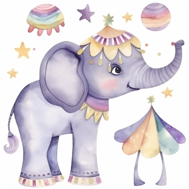 One cute decorated circus elephant clipart, style as seen on Etsy. Cartoonish appearance with exaggerated body proportions, but atomically correct limb positions and number. Perfect for decorating a baby's nursery. Varied bright pastel watercolors, loose,