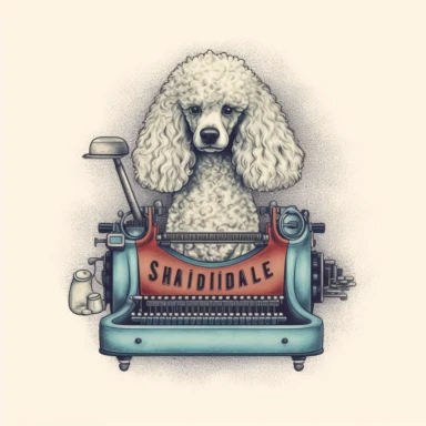 simple clipart of poodle typing on an old typewriter, make the image so it is oval, like an icon type image, with the words nearby snipoodle in big letters