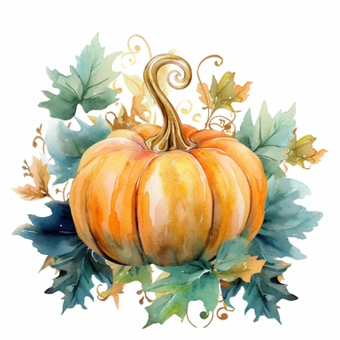 Watercolor pastel velvet boho pumpkin with gold ornate watercolor sitting on pumpkin leaves white background. clipart