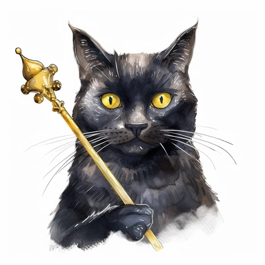 A clipart of a black cat wearing a golden crown and holding a scepter, just like a king or queen, watercolor style, realistic, bright colors, 300 dpi, 8k, white and clear background