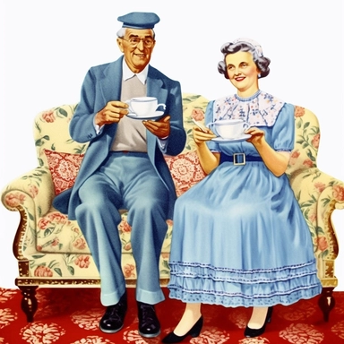 Vintage Illustration, An elderly couple sitting on a couch, probably 60-70 years old, a women with a glass of milk in her hand, cheesy 50s vintage clipart image by cynthia flanders, in the style of traditional costumes, photomontage, Full body view, Super wide angle view, whitcomb-girls, light indigo, gigantic scale, romanticized femininity, contrasting 8k