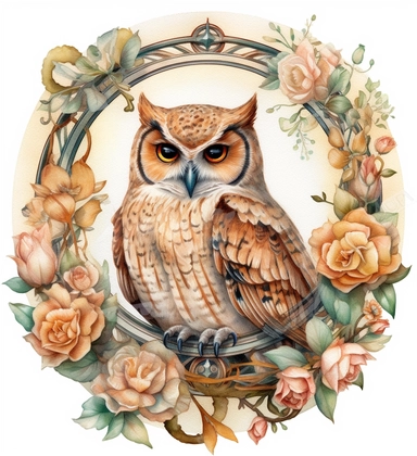 DESIGN A MAGNIFICENT AND EXQUISITE BREATHTAKING ONE-OF-A-KIND HIGH QUALITY HIGHLY DETAILED MASTERPIECE WATERCOLOR CLIPART ILLUSTRATION OF an owl is sitting in a circular frame surrounded by roses, in the style of light white and light amber, grid, nene thomas, gemstone, ruth sanderson, pictorial fabrics, pencilsteampunk, WHITE BACKGROUND