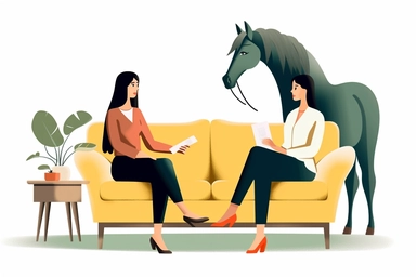 minimalist cartoon of a horse and a female human sitting on a couch, with a female human therapist holding a clipboard and pen in her hands. Cartoon caricature art. photoillustration
