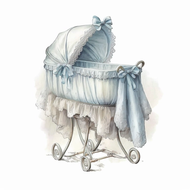 baby bassinet for boy light blue color, white background, watercolor, hyperrealism, high detail, separate elements, clipart