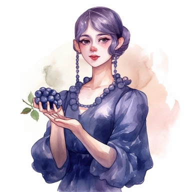 a watercolor of a girl holding a boul of blueberries , victorian style blueberry academy, blueberry purple nuances, vector free clipart illustration, in the style of unreal engine 5, 32k uhd, detailed features, white background