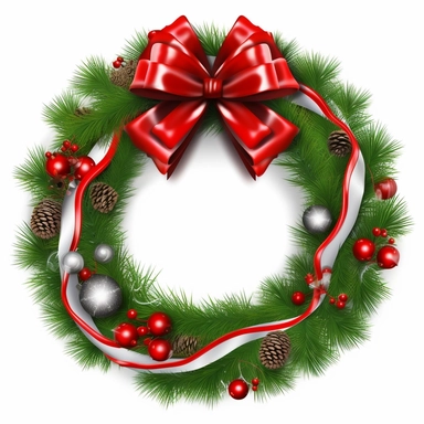 christmas pine and red bow wreath clipart, white background