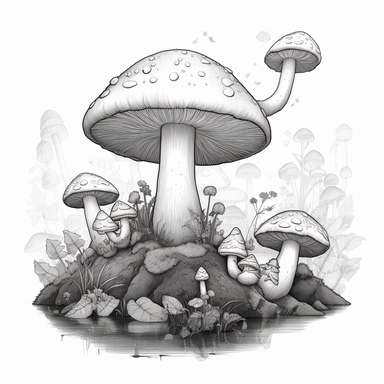 giant mushroom with a wavy stem, with a family of frogs eating and the moon in the background, grayscale 3d vector, kids coloring book clipart style, super simple, thick, clear, lines, black and white, white background