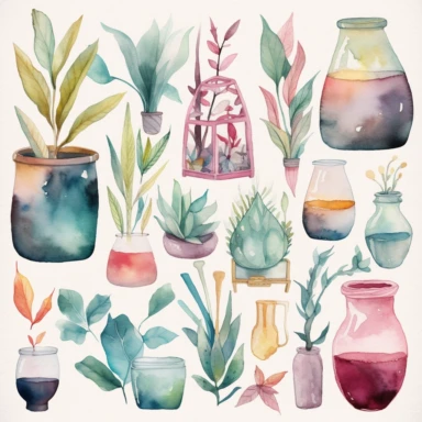 I want to create minimalistic watercolor modern boho clipart assets. The assets need to follow a color theme and overall theme. This needs to be a prompt that can be reused to generate similar results every single time it is entered. The dominant color scheme of the clipart assets should be pastel colors such as pink, blue, and yellow. The clipart assets should include household items such as furniture and kitchenware. The overall mood or theme of the clipart assets should be modern and minimali