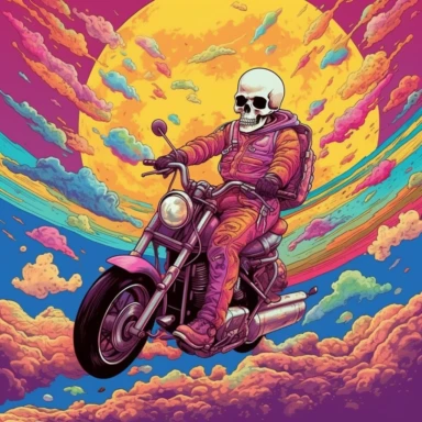 In the captivating clipart against the backdrop of a clear sky, a mesmerizing midjourney narrative unfolds. Here, a skull-headed motorcyclist defies gravity, riding atop a vibrant rainbow that stretches across the heavens. This enchanting image invites you to explore a tale of boundless freedom, dreams, and the exhilarating pursuit of the extraordinary. As you immerse yourself in the clipart, the skull-headed rider commands attention with their fearless presence. Their motorcycle effortlessly gl