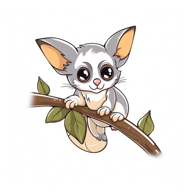 A clipart of a cute sugar glider hanging from a tree branch with its tail curled, designed on a white background.