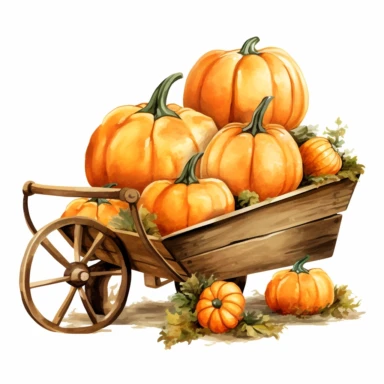 vector watercolor hyper realistic vintage fall autumn pumpkins-in-a-wheelbarrow clipart, pumpkins in a wheelbarrow, photorealistic, realistic still life style, detailed watercolor style, on white background