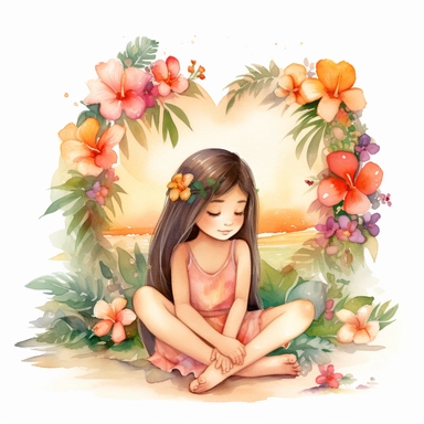 watercolour, tropical island setting, showcase an adorable little Hawaiian girl, she has flowers in her hair, she is sitting near the beach, surrounded by beautiful flowers and hearts, the feeling is magical, clipart style