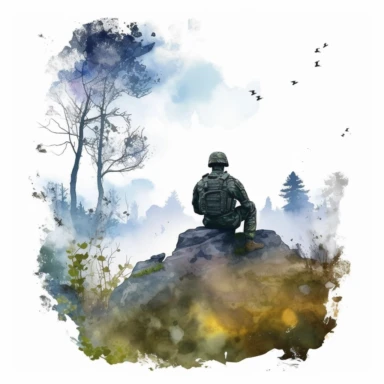 A peaceful watercolor scene featuring a serene landscape with a lone soldier's silhouette in the foreground, honoring the memory of fallen heroes. Cool design, heartwarming design, watercolor clipart, photo-realistic drawings, contour