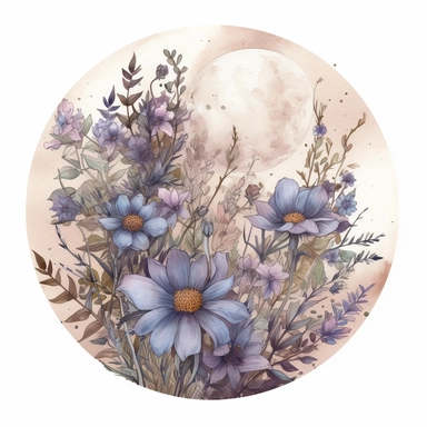 hand drawn full moon with wildflowers and celestial accents, muted colors of purple blue and grays, should be in a circle, very detailed and realistic, watercolor, white background with margins, clipart style