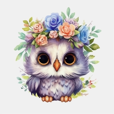 watercolor style, cute baby owl, smile, wear flower crown, white background, pixar style details Sublimation Clipart,hyper realistic, intricate detail, illustration style, isolated on white background for removing background