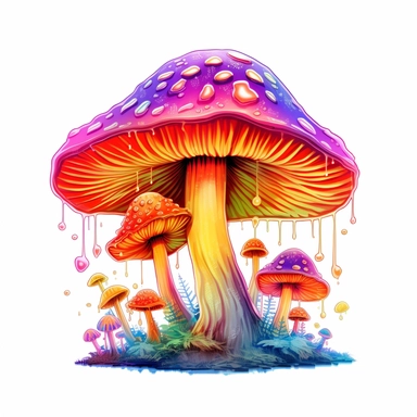 clipart mushroom, Psychedelic art, Acid Art, high resolution, neon rainbow colored, white background