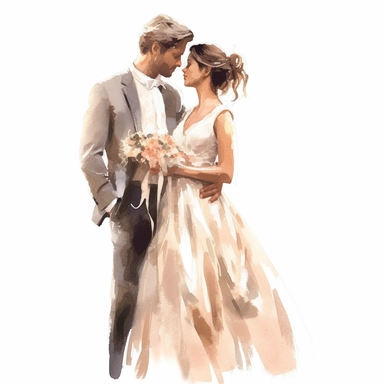 Wedding bride and groom, clipart, white background, in the style of elegant realism, muted and subtle tones, detailed painting, transparency and lightness
