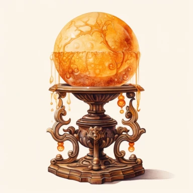 a beautifully illustrated witch's crystal ball on a pedestal, orange, yellow , and brown colors, celestial , detailed realism intricate , watercolor, octane render, Pre-Raphaelitism,hyperrealism, retro intricate details lines ,illustrated by Mima Jovanov and CJ Hendry, white background, siimple details, clipart