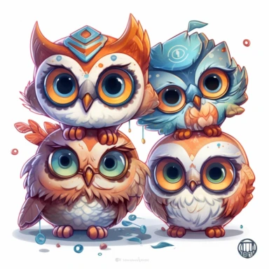 three owls, Kawaii owl, wallpaper owl, gods art, aion, jewelry, A team of 6 supportive, curious, nerdy computer cats and robots, clipart by Sarah Anderson, pure white background