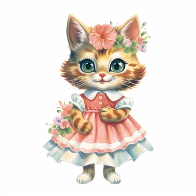50s vintage kitsch cat illustration clipart, watercolor, Hand drawn painting, isolated on white background, watercolor illustration by katie daisy, highly detailed, white background for removing background - - no text shadow font watermark