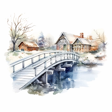watercolor clipart of a cute snow-covered bridge, sparkles, winter wonderland vibes, isolated on white background