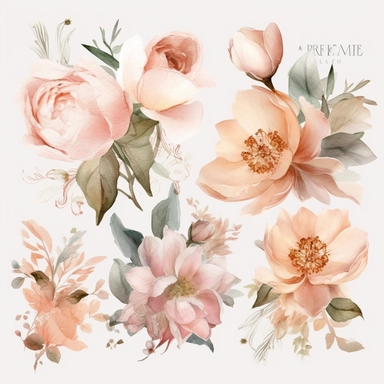 Create a stunning collection of ultra-detailed blush floral watercolor clipart, featuring a variety of exquisite flowers and premade bouquets. Each floral element should be meticulously painted, capturing the delicate beauty and soft hues of blush-toned petals. Incorporate a range of flowers, including roses, peonies, and other enchanting blooms, carefully arranged to form captivating bouquets. Design the clipart with a focus on wedding themes, ensuring seamless integration into wedding invitati