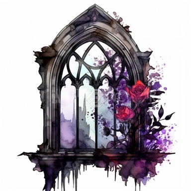 a dark gothic victorian window, overgrown with very big flowers beautifully designed, clear view on a gothic city, in the style of dark intense colors, wet on wet watercolor, clipart, white background