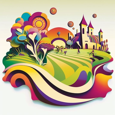 psychedelic farmland, art nouveau, bright colours, clipart, centred, white background