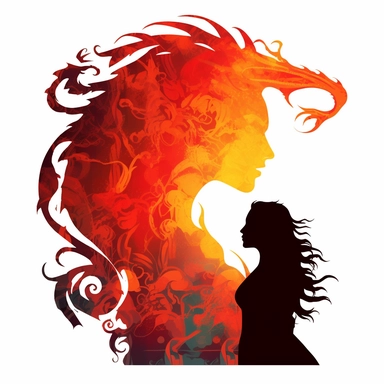 white background, airbrush, digital illustration, Dragon and witch silhouette, A shadowy outline of a witch and dragon, creating an air of mystery and intrigue. the color palette is Fiery and Bold: Shades of red, orange, and gold can give the dragon witch clipart a bold and fiery look, emphasizing the dragon's powerful and fierce nature. in the style of Aleksi Briclot. The image is in a beautiful gothic romanticism style. in the center of the image, white background