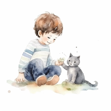 watercolor minimal hand draw doodle cat play with boy children cartoon illustration clipart sublimation, white background for removing background