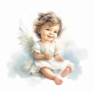 enchanting watercolor image, full body adorable newborn baby angel girl on white background, she is sitting on a cloud in pastel color dress and smiling gently. She has sparkling eyes twinkled with wonder and brown hair, professional watercolor clipart, high resolution