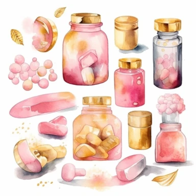 sweet pink and gold watercolor, vitamin icon set clipart, medicine icon set, isolated white background, single design, pastel pink, cream, sharp
