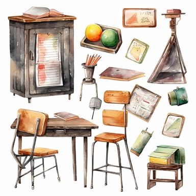 watercolor clipart school blackboard, class room desk, hight quality white background