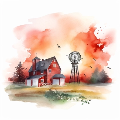 A serene farmhouse nestled in the countryside, with a red barn, windmill, and a picturesque sunset in the background, american style, clipart, watercolor