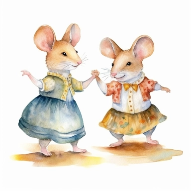 adorable mouses dancing, handpaint watercolor, high resolution, cartoon style, watercolor clipart,