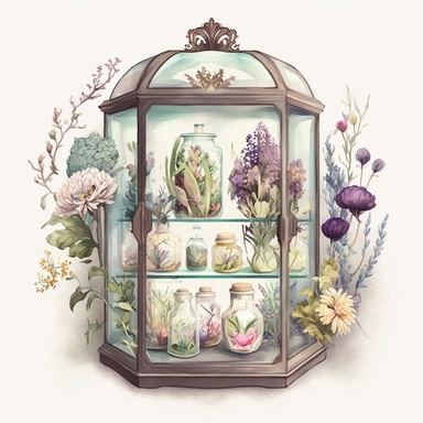a glass cabinet with glass containers, in the style of dreamlike illustrations, fairycore, watercolor pastel palette, botanical precision, flowers, Victorian, clipart