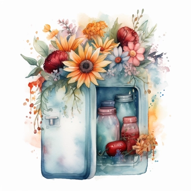 Cute Adorable magical wildflower bouquet in an old open fridge, nebular mix background, clipart, photorealistic illustration, watercolor, high detail, 8k polished, 8k, vibrant colors, white background