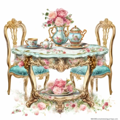 Make a clipart of a fairytale watercolor french country kitchen table, rococo, with bright pastel colors of turquoise and green, pink roses, gold accents, black outlines, hd, white background