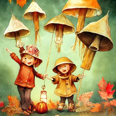 children in autumn clothes on a lantern parade, toadstools, waldorf, martinmas, chalk, watercolor, clipart, white background, cartoon